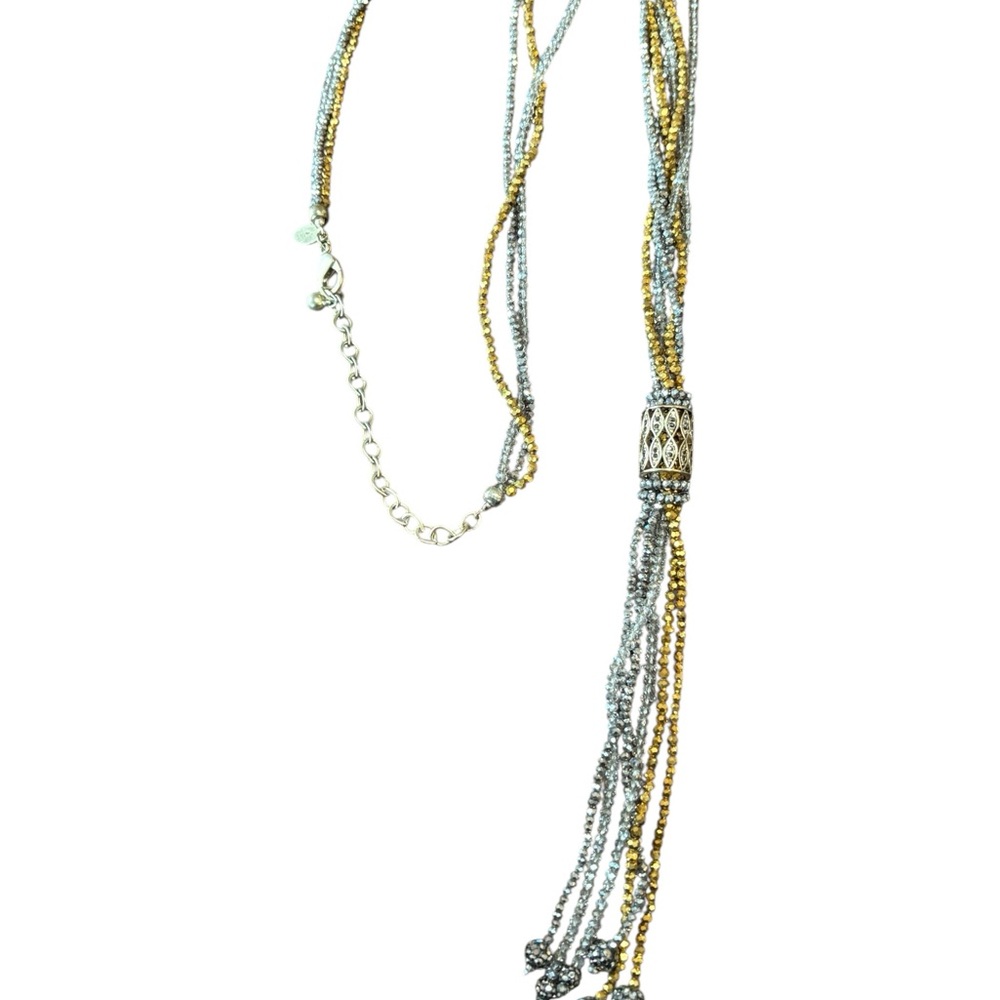 Chico's Long Shimmery Beaded Fringe Statement Necklace Lariat Gold Silver Tone